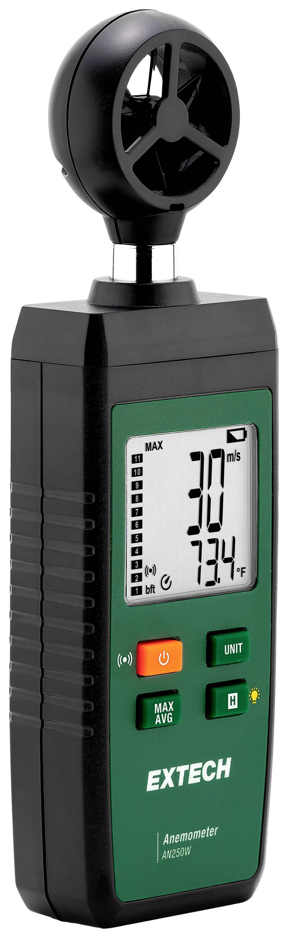 Un anemometro digitale mostra una velocità del vento di 7,34 metri al secondo. Lo strumento è verde con tasti e un display.