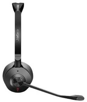 Cuffie wireless nere con braccio microfono, ideali per videoconferenze e comunicazioni professionali. Nome del marchio sul padiglione.