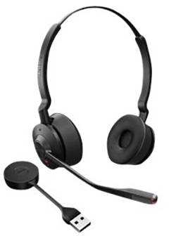 Cuffie wireless nere con microfono e chiavetta USB. Adatte per computer o chiamate telefoniche, offrono un suono comodo e senza fili.