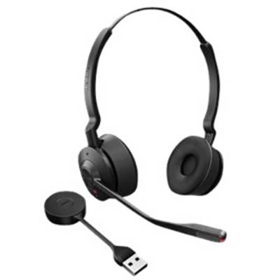 Cuffie wireless nere con microfono e chiavetta USB. Adatte per computer o chiamate telefoniche, offrono un suono comodo e senza fili.