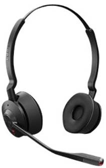 Cuffie wireless nere con due padiglioni auricolari rotondi e un braccio del microfono flessibile, adatte per telefonia o gaming.