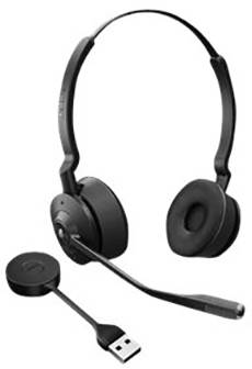 Cuffie wireless nere con microfono e dongle USB. Adatte per connessioni a computer e telefoni cellulari.