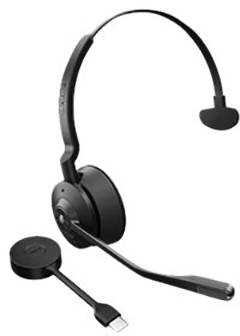 Cuffie wireless nere con stazione di ricarica USB, ideali per l'uso in ufficio o per gaming.