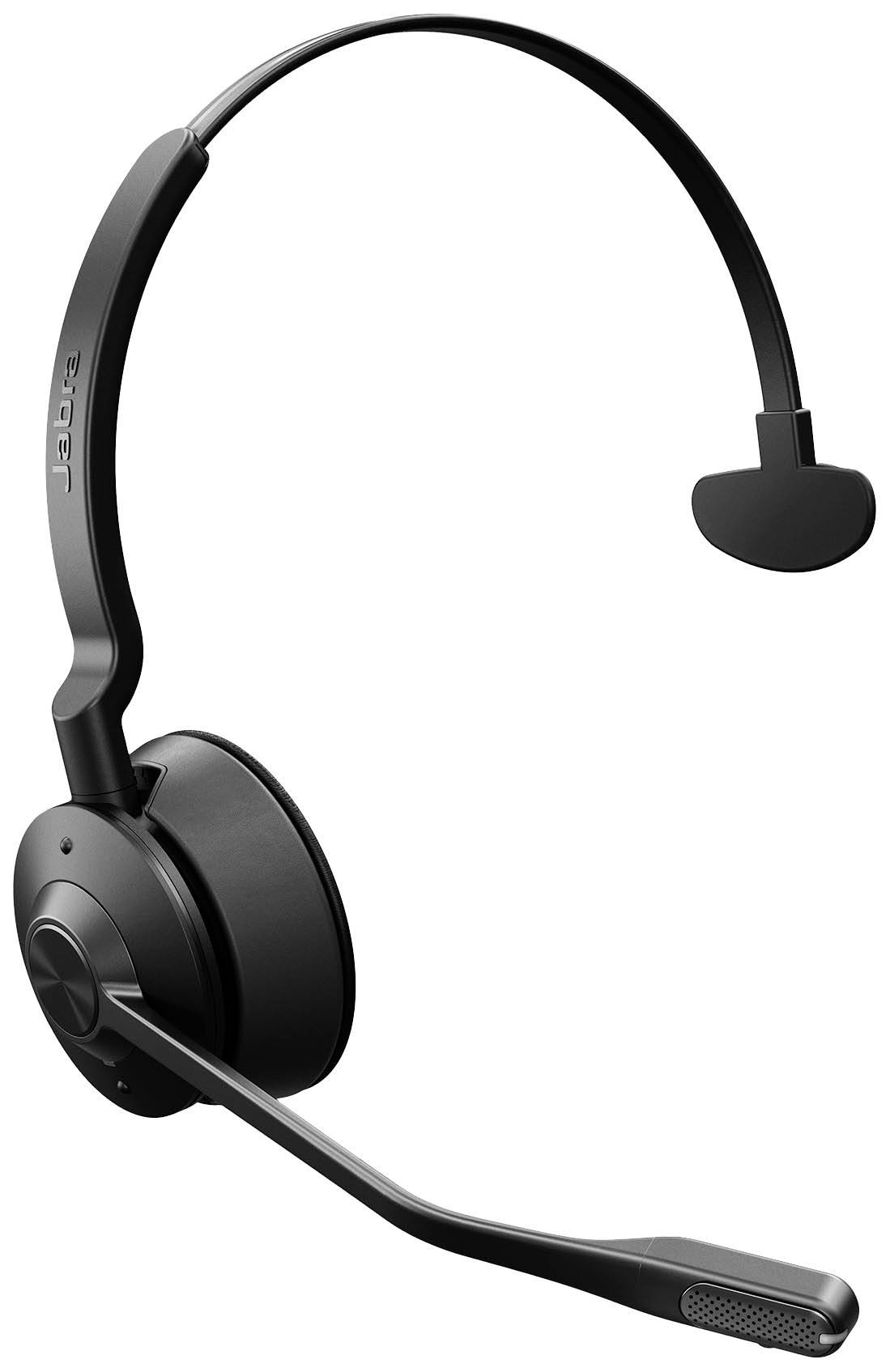 Un auricolare nero wireless con cuscinetto per l'orecchio e braccio del microfono, adatto per teleconferenze o comunicazioni senza fili.
