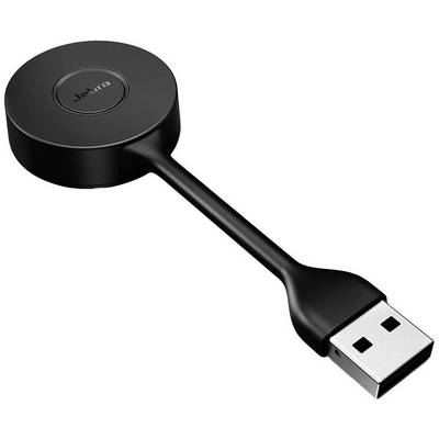 Adattatore USB nero con cavo lungo e ricevitore rotondo, con 'Jabra' visibile sul ricevitore. Dispositivo per connessioni wireless.