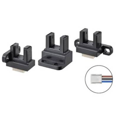 Tre sensori ottici neri con staffe di montaggio e connessione cavi.