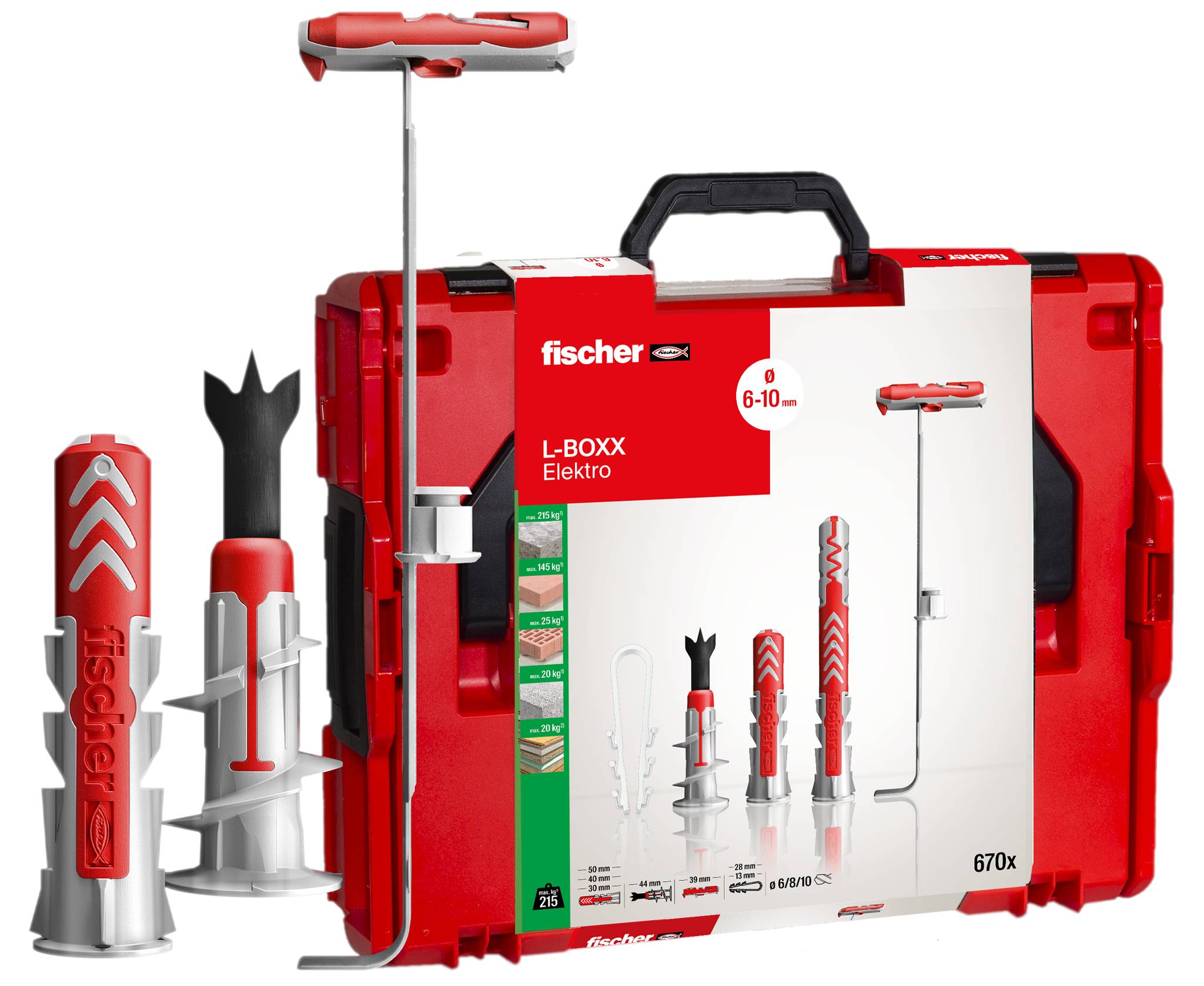 Fischer L-BOXX Kit Elettrico con custodia rossa, tasselli a parete, punte da trapano e attrezzi per il montaggio elettrico.