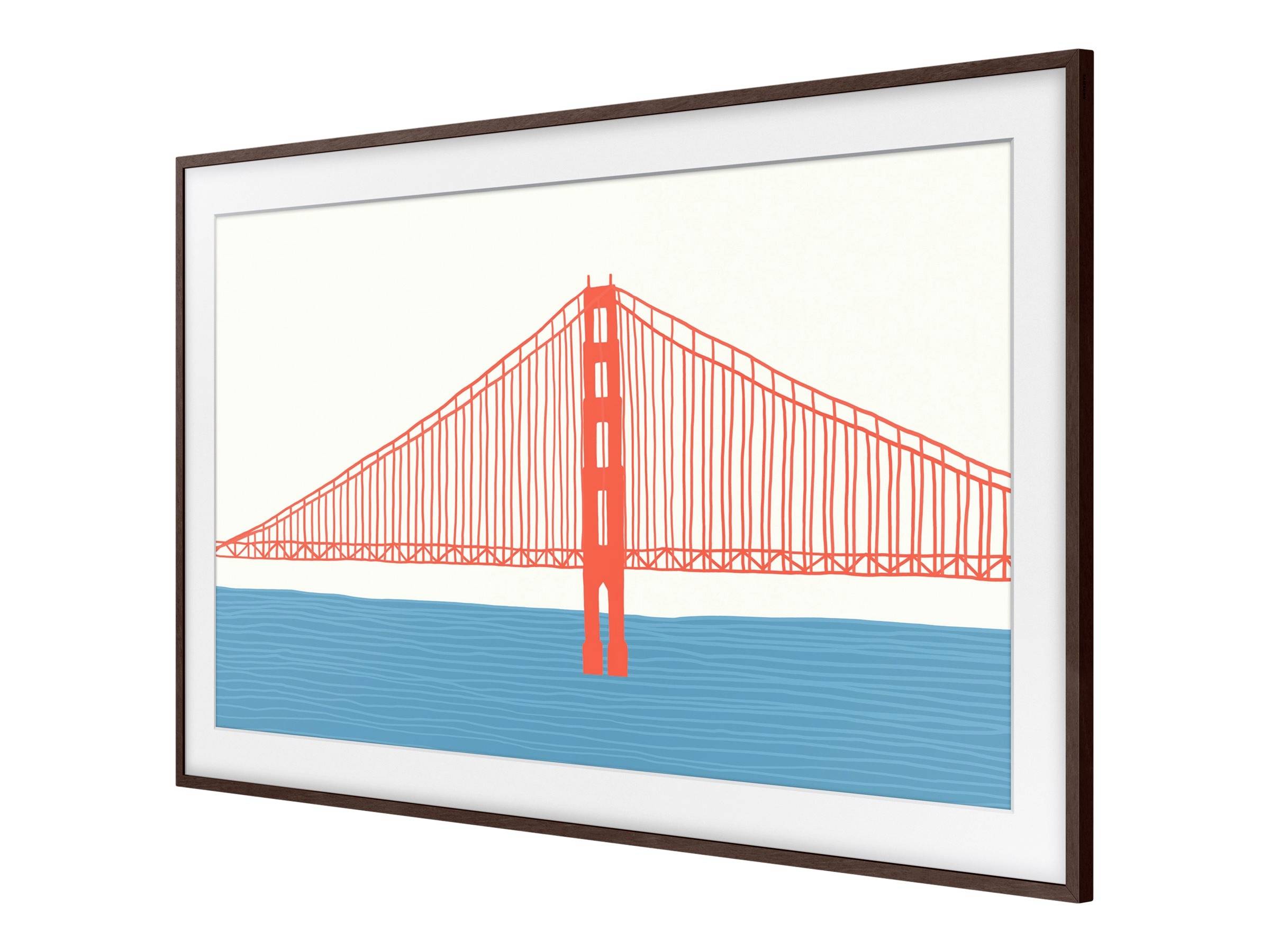 Un semplice dipinto grafico di un ponte rosso sopra un'acqua blu in una cornice marrone.