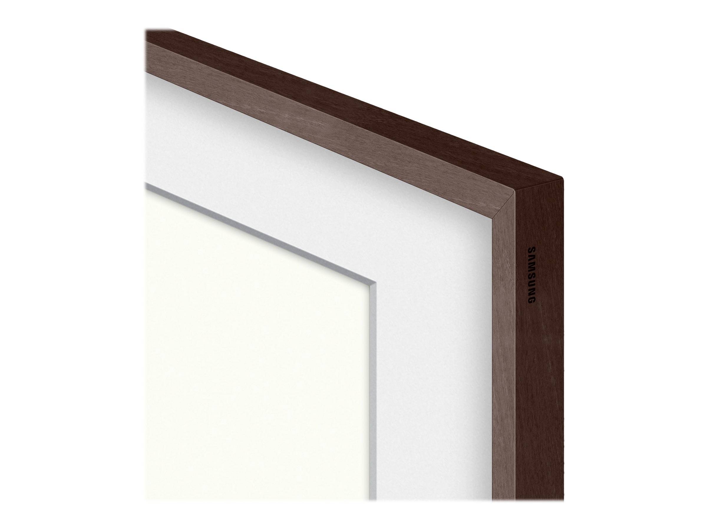 Cornice di un dispositivo elettronico con finitura effetto legno, probabilmente di un monitor. Design rettangolare con bordo interno bianco.