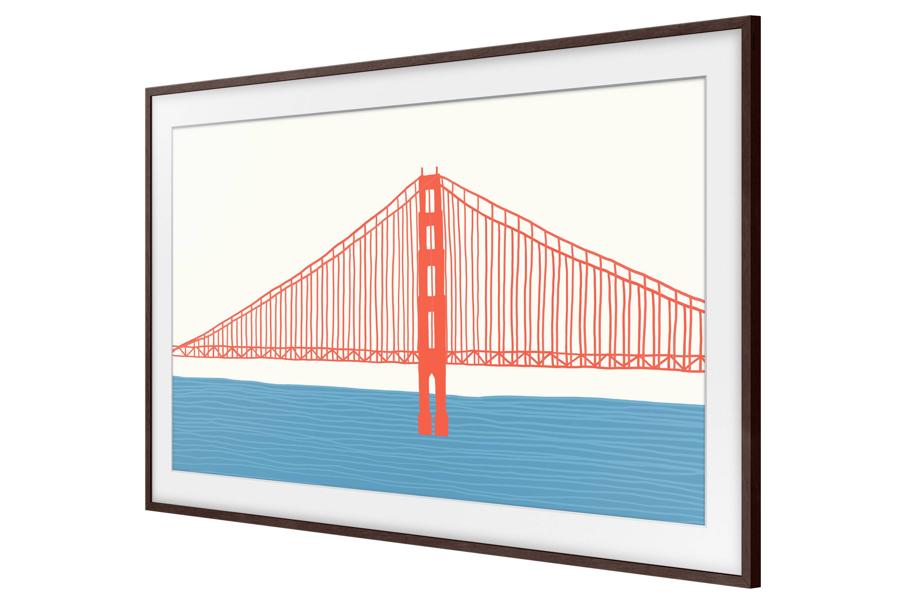 Un'immagine stilizzata del Golden Gate Bridge in rosso sopra l'acqua blu, appesa incorniciata a una parete.