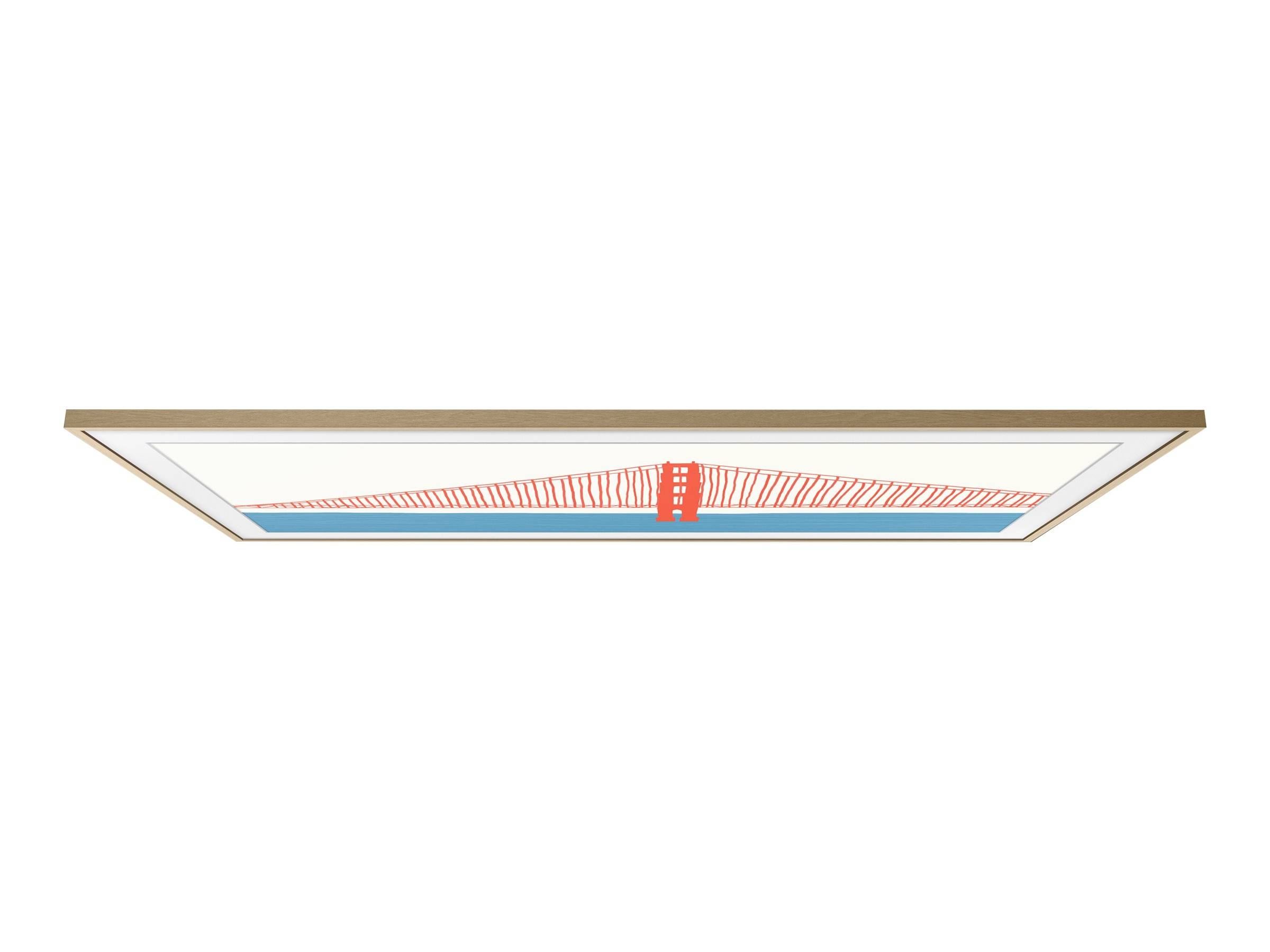Immagine incorniciata in legno di un ponte visto di lato, in rosso e blu.