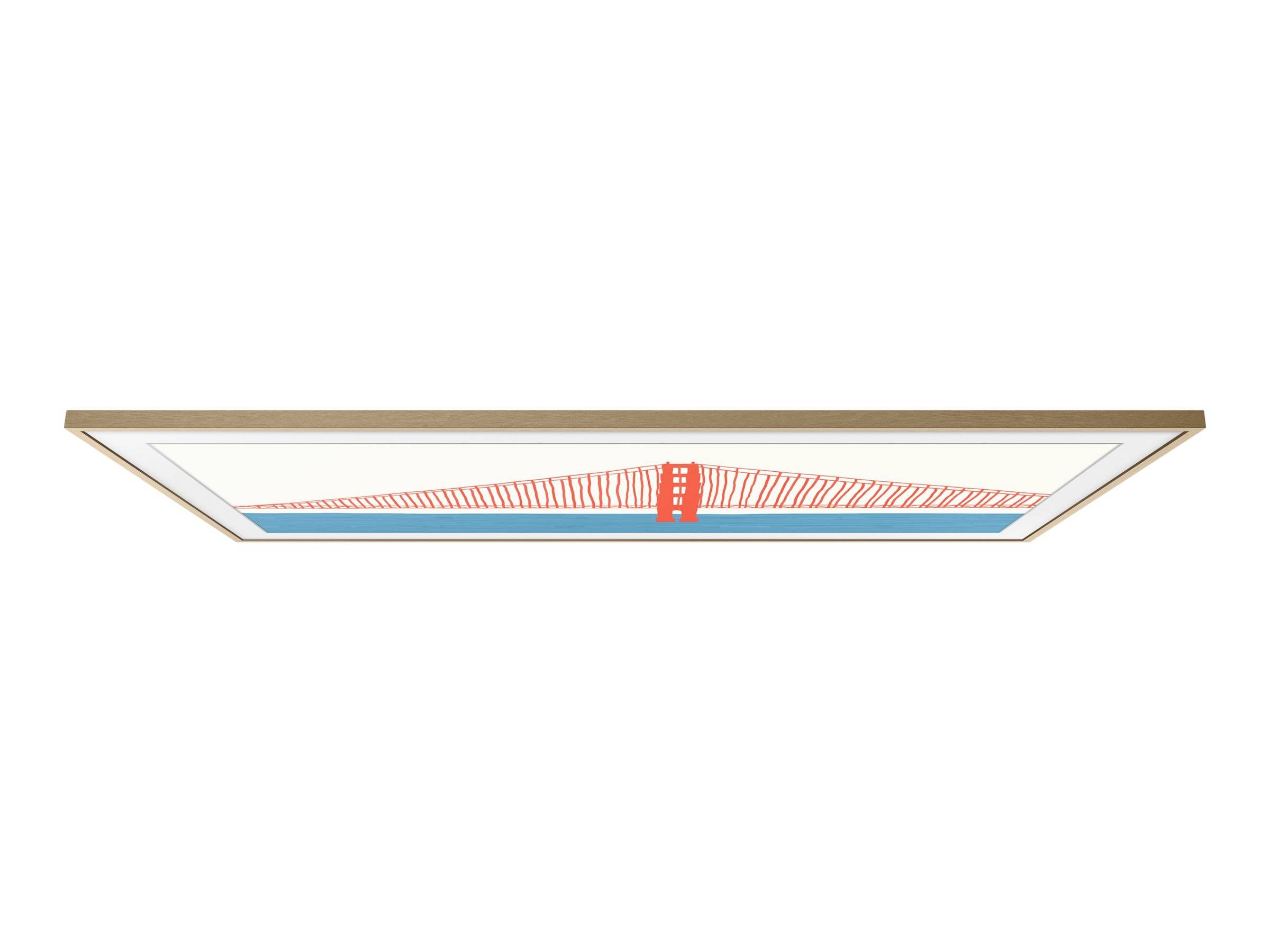 Un'opera d'arte incorniciata raffigura un ponte stilizzato rosso su uno sfondo blu, realizzata in uno stile minimalista.