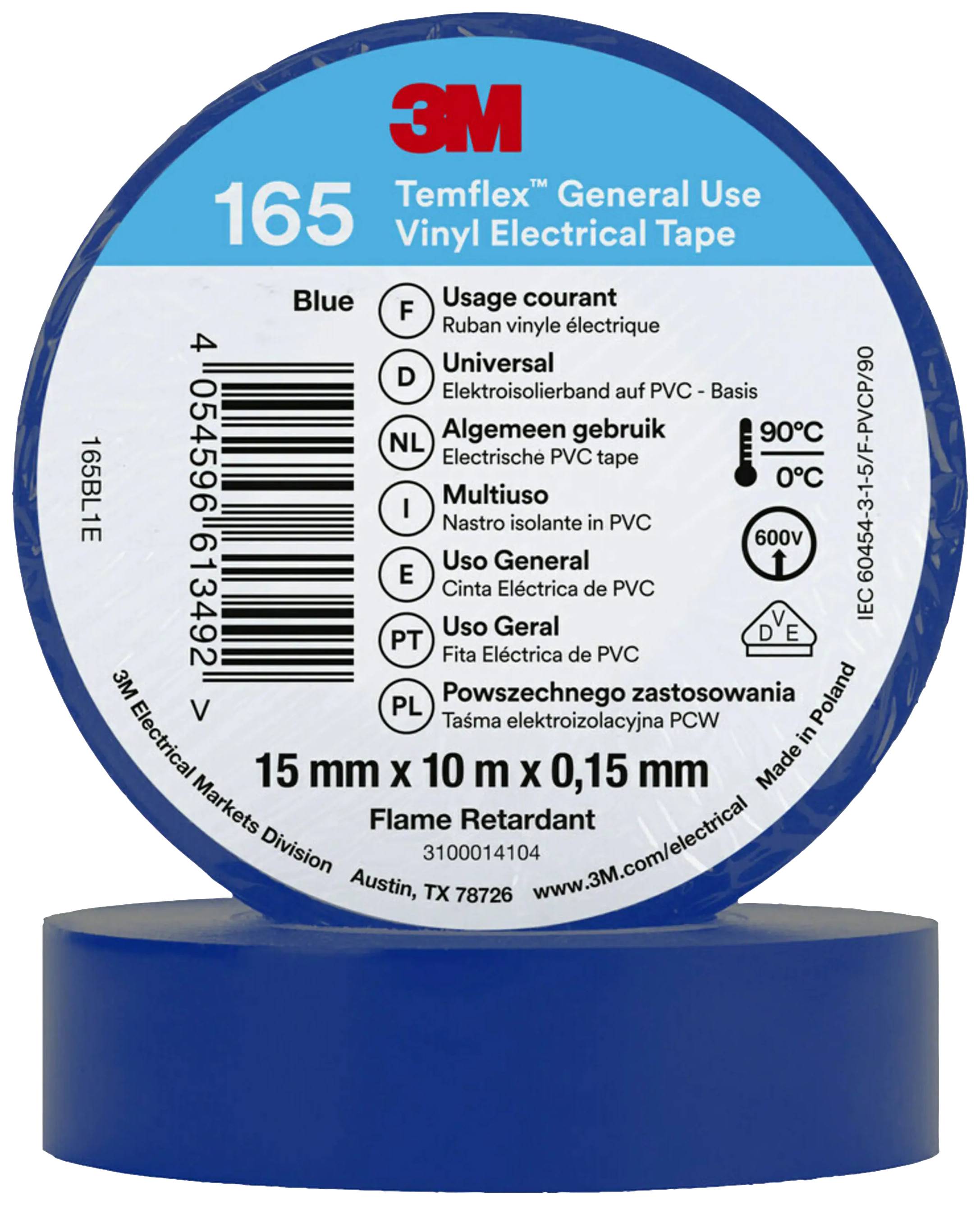 Nastro isolante blu 3M, tipo 165 per uso generale. Larghezza 15 mm, lunghezza 10 m, spessore 0,15 mm, autoestinguente.