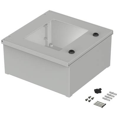 Un contenitore rettangolare in metallo con coperchio trasparente, due pulsanti neri e viti poste accanto. Adatto per componenti elettronici.