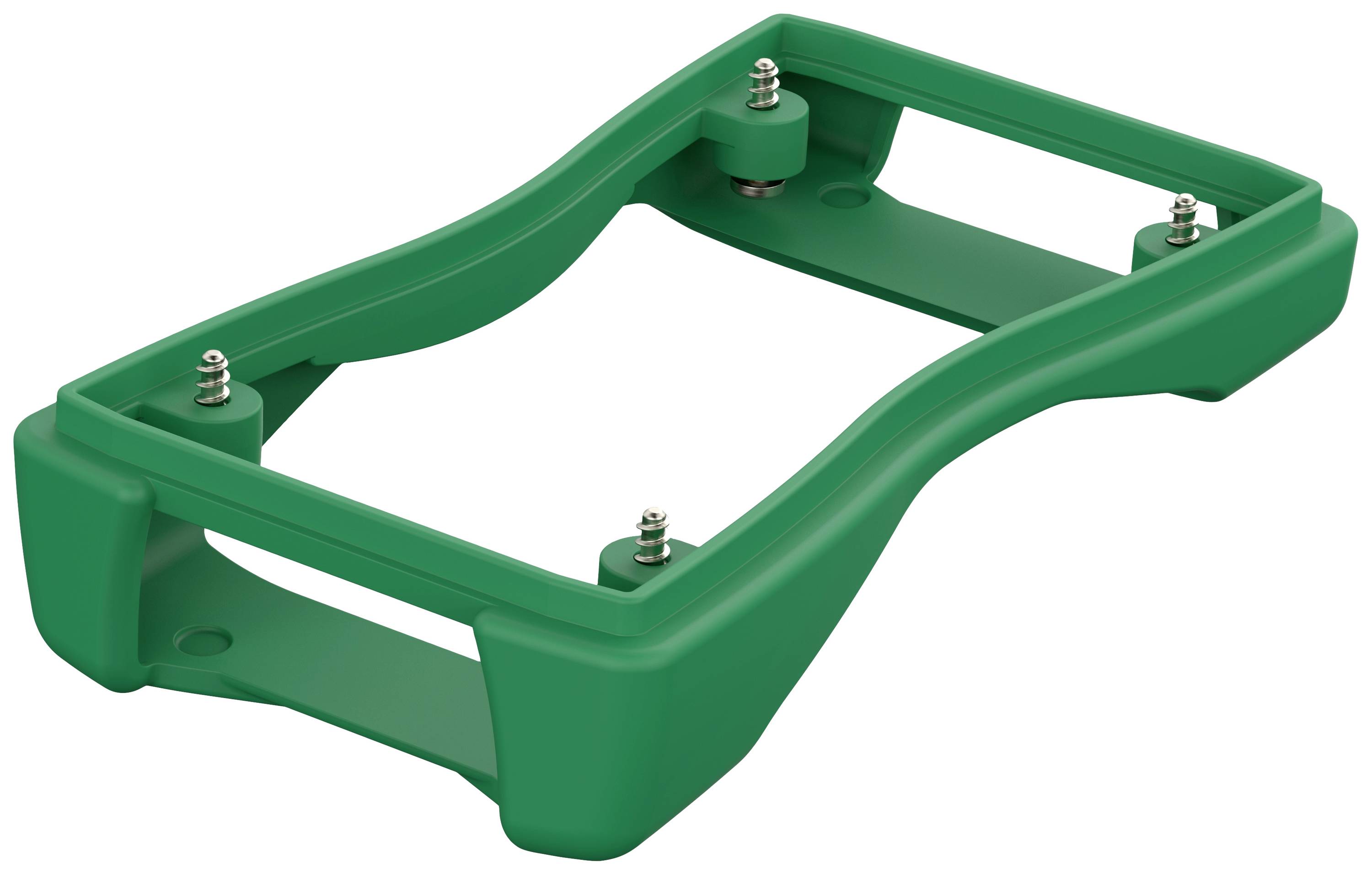 Cornice in plastica verde con connettori metallici agli angoli, probabilmente utilizzata come supporto o involucro.