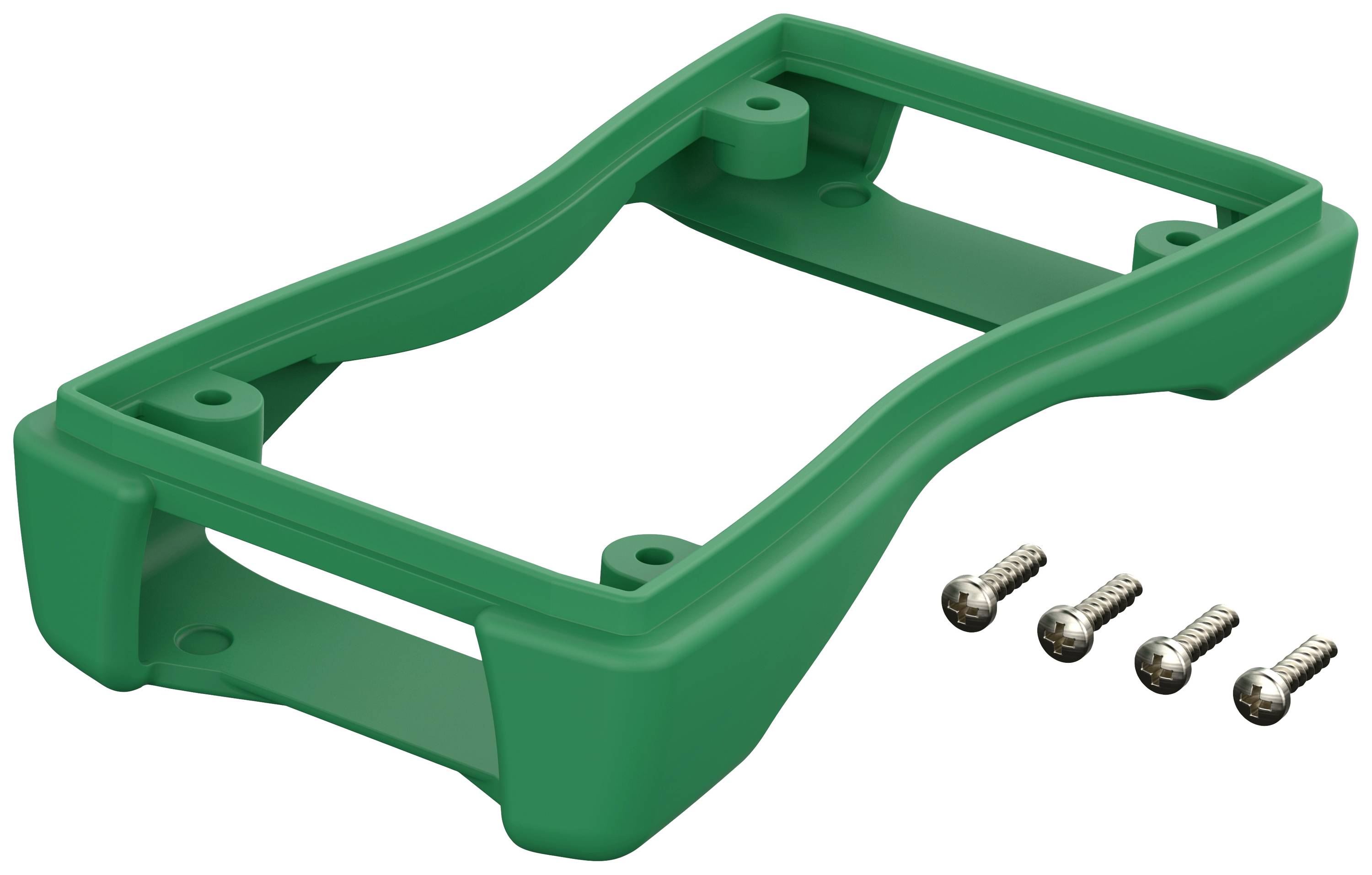 Cornice verde in plastica con quattro viti metalliche accanto.