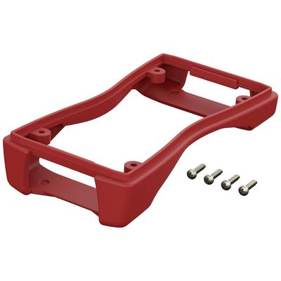 Cornice rossa in plastica con quattro viti d'argento, probabilmente per il montaggio o il fissaggio di un dispositivo o di un componente.
