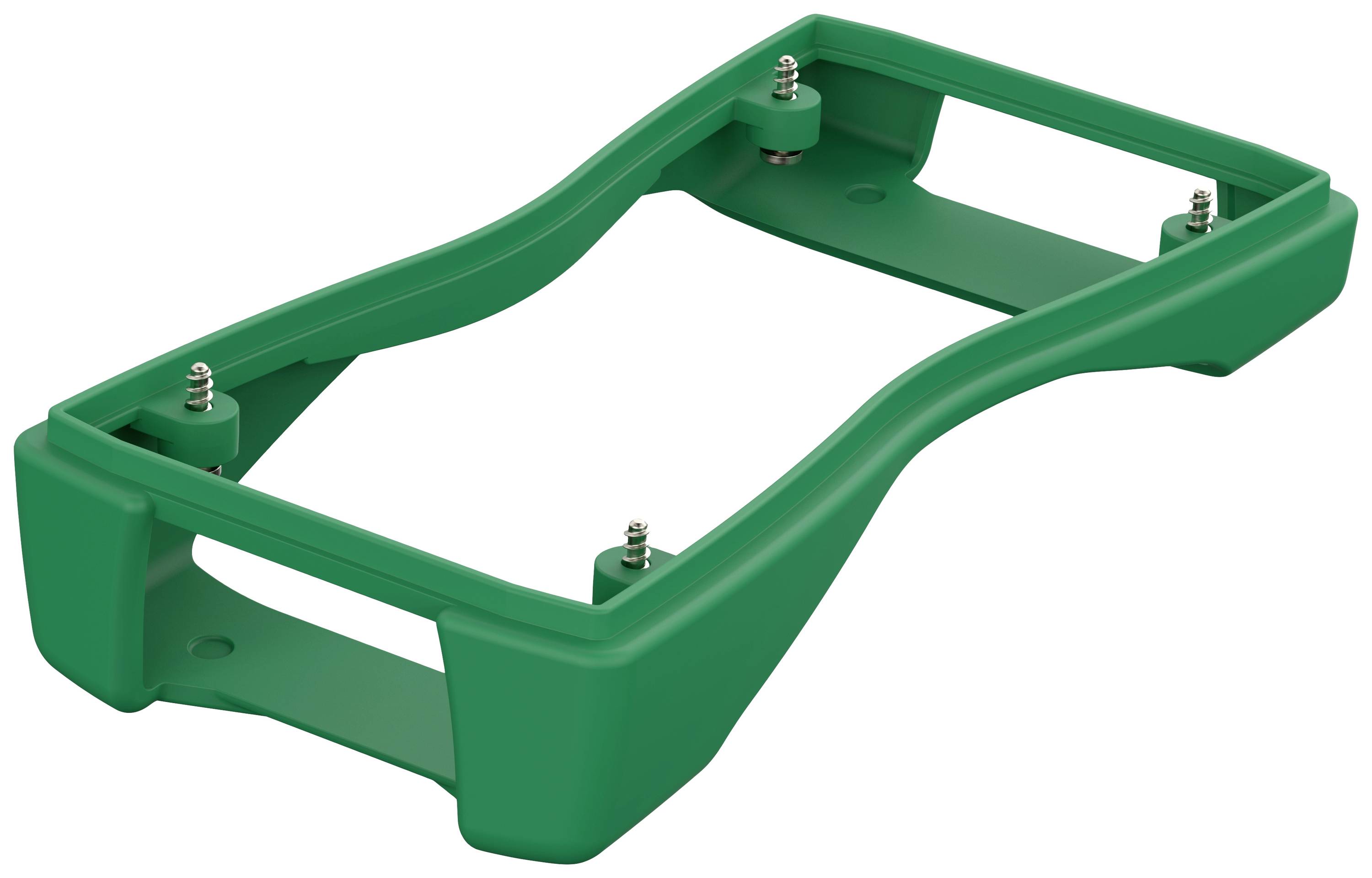 Supporto in plastica verde con perni metallici agli angoli. Utilizzato per fissare o stabilizzare dispositivi in modo sicuro.