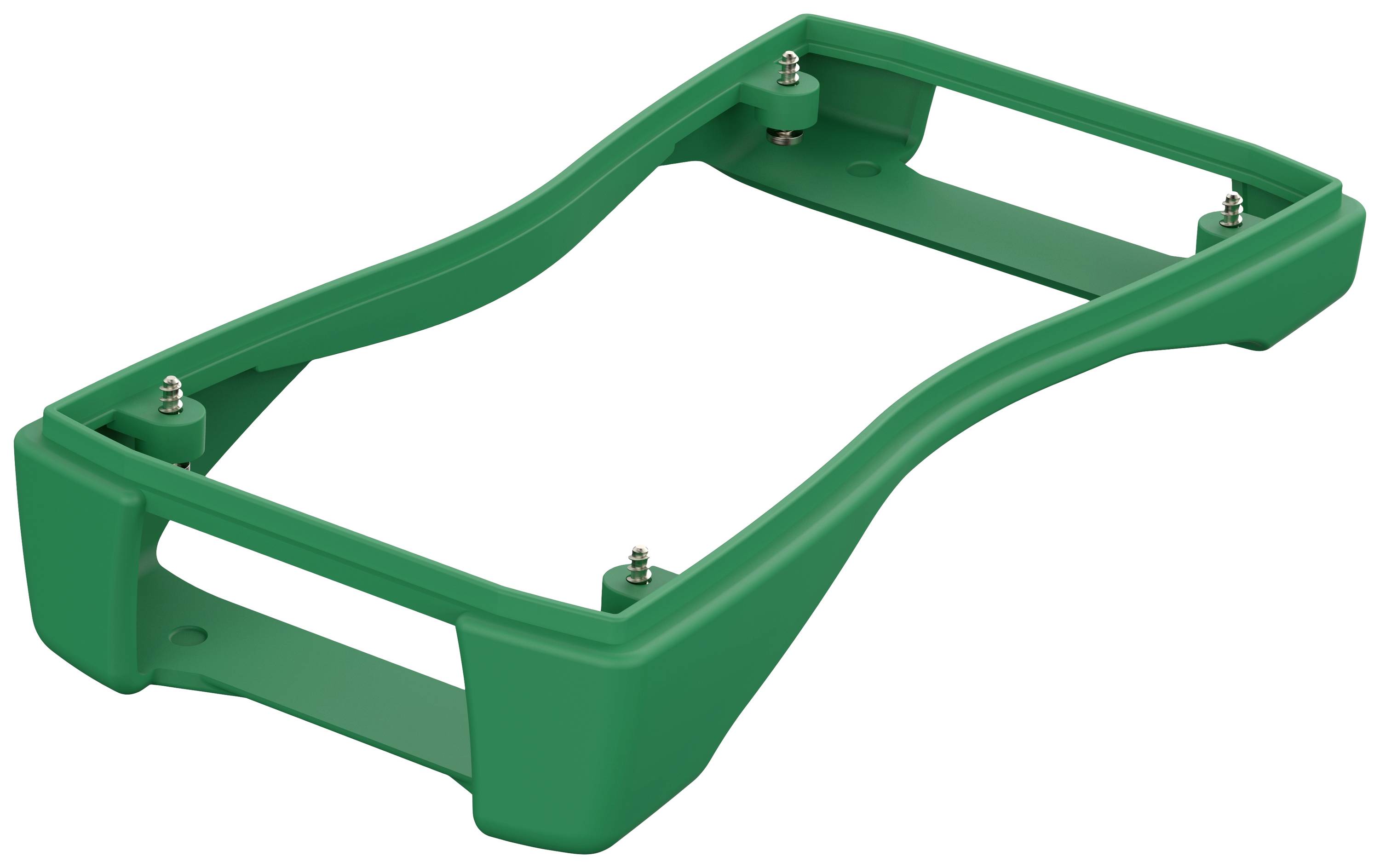 Cornice in plastica verde con fissaggi metallici agli angoli, probabilmente un componente o un supporto per uso tecnico.