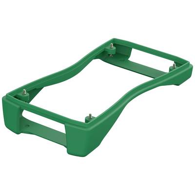 Cornice in plastica verde con fissaggi metallici agli angoli, probabilmente un componente o un supporto per uso tecnico.