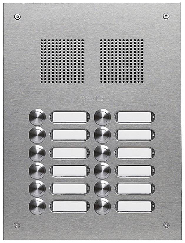Impianto citofonico in metallo con dodici pulsanti di chiamata e due griglie altoparlanti, utilizzato per la comunicazione porta a porta in un edificio.