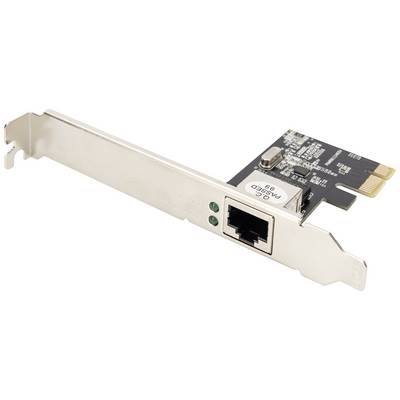 Primo piano di una scheda di rete PCIe con connettore Ethernet e spie LED verdi sul retro.