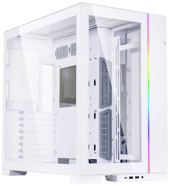 Un case per PC bianco con finestra in vetro trasparente e illuminazione RGB sul frontale. Lo spazio interno consente l'alloggiamento dei componenti.