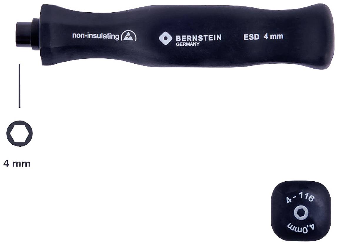 Impugnatura per cacciavite BERNSTEIN, colore nero, con iscrizione 'ESD 4 mm', 'non isolante', testa esagonale, dimensione 4 mm.