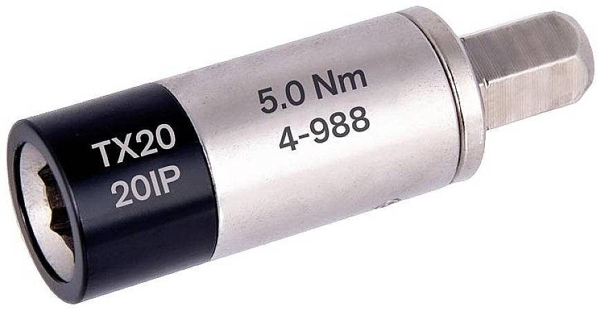 Strumento per la coppia di serraggio con la scritta 'TX20 20IP', '5.0 Nm', '4-988'. Utilizzato per la regolazione precisa della coppia di serraggio nei fissaggi.