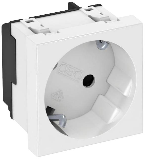 Presa elettrica bianca, quadrata, con messa a terra. Adatta per spine europee. Comunemente utilizzata in abitazioni e uffici.