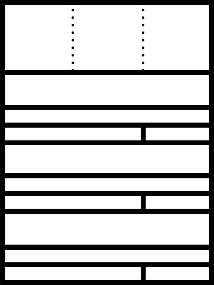 Un layout vuoto con diversi riquadri orizzontali, separati da spesse linee nere, mostra una potenziale struttura per i contenuti.