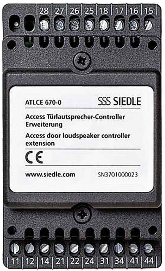 Componente elettronica del dispositivo di SSS Siedle, modello ATLC 670-0. Etichettata come 'Controllore di accesso con estensione per altoparlante del citofono'.