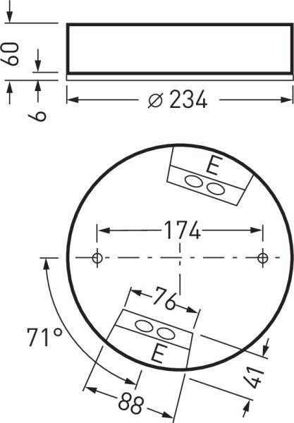 Disegno tecnico di un componente circolare con diametro di 234 mm, che mostra viste laterali e distanze tra due elementi rettangolari.