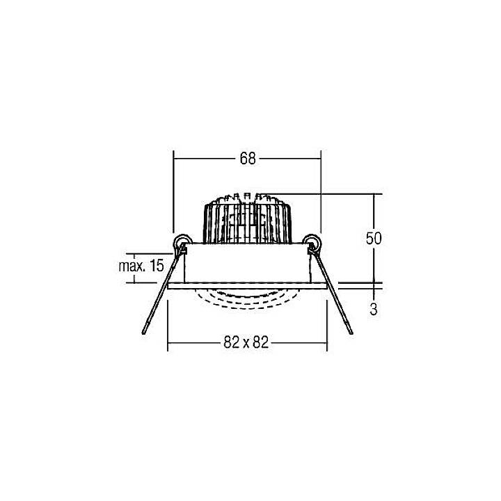 Disegno tecnico di un faretto da incasso quadrato con dimensioni: larghezza 82 x 82 mm, altezza 68 mm, profondità di installazione max. 15 mm.