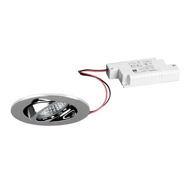 Faretto LED da incasso con cornice rotonda cromata e driver esterno. Adatto per montaggio a soffitto in ambienti interni.