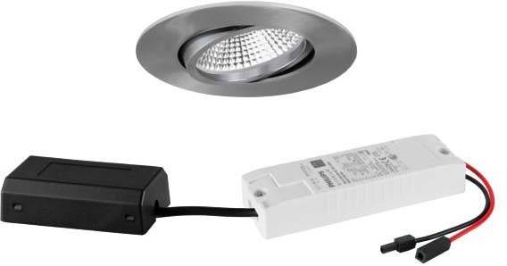 Faretto da incasso con cornice metallica rotonda, con lampada LED all'interno. Cavo collegato a un alimentatore rettangolare bianco.
