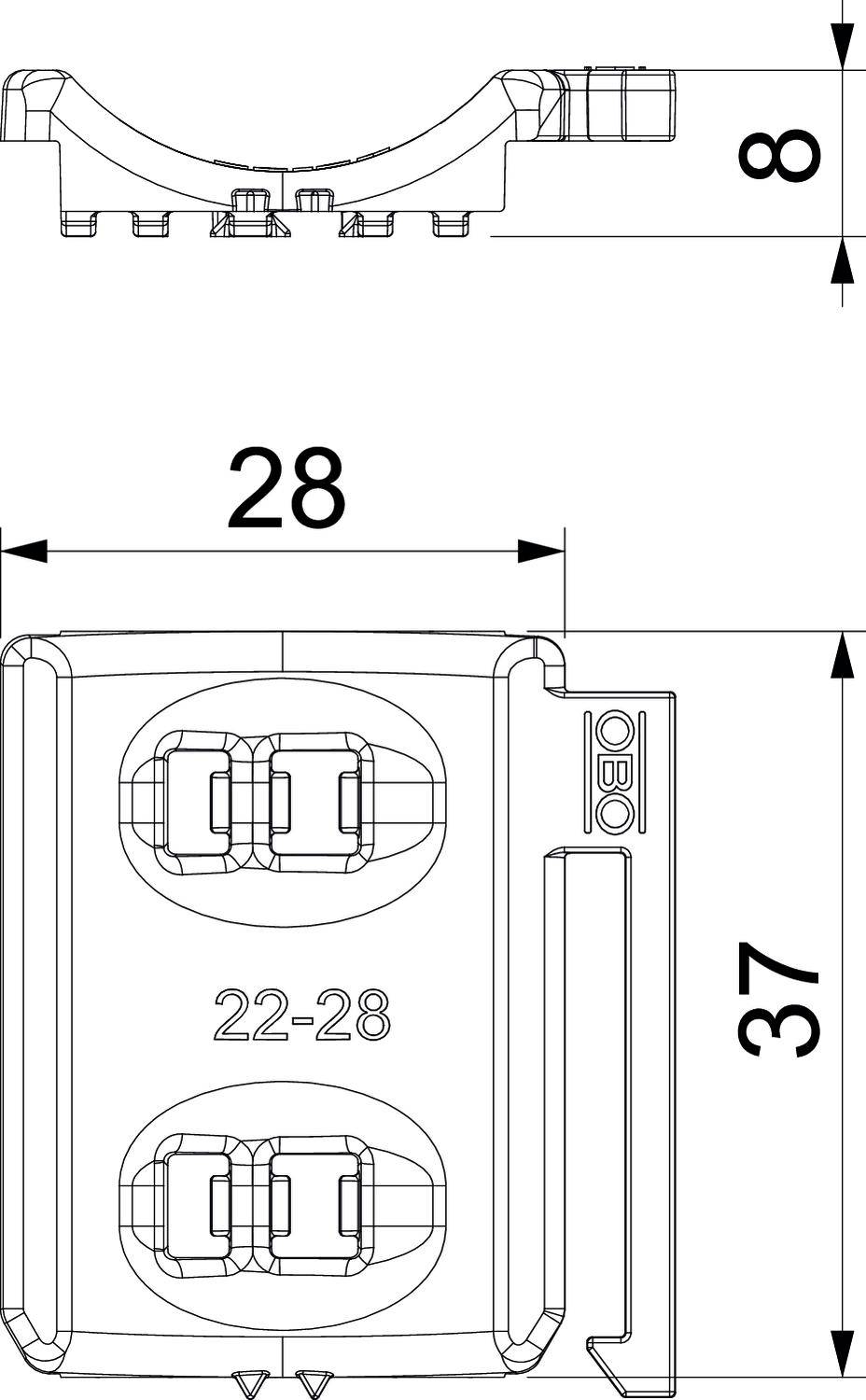 Disegno tecnico di un componente con dimensioni di 37 mm di altezza e 28 mm di larghezza. La vista superiore mostra uno spessore di 8 mm.