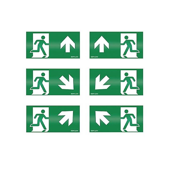 Sei cartelli di uscita di emergenza verdi con frecce rivolte in direzioni diverse mostrano una figura in movimento verso un simbolo di porta.