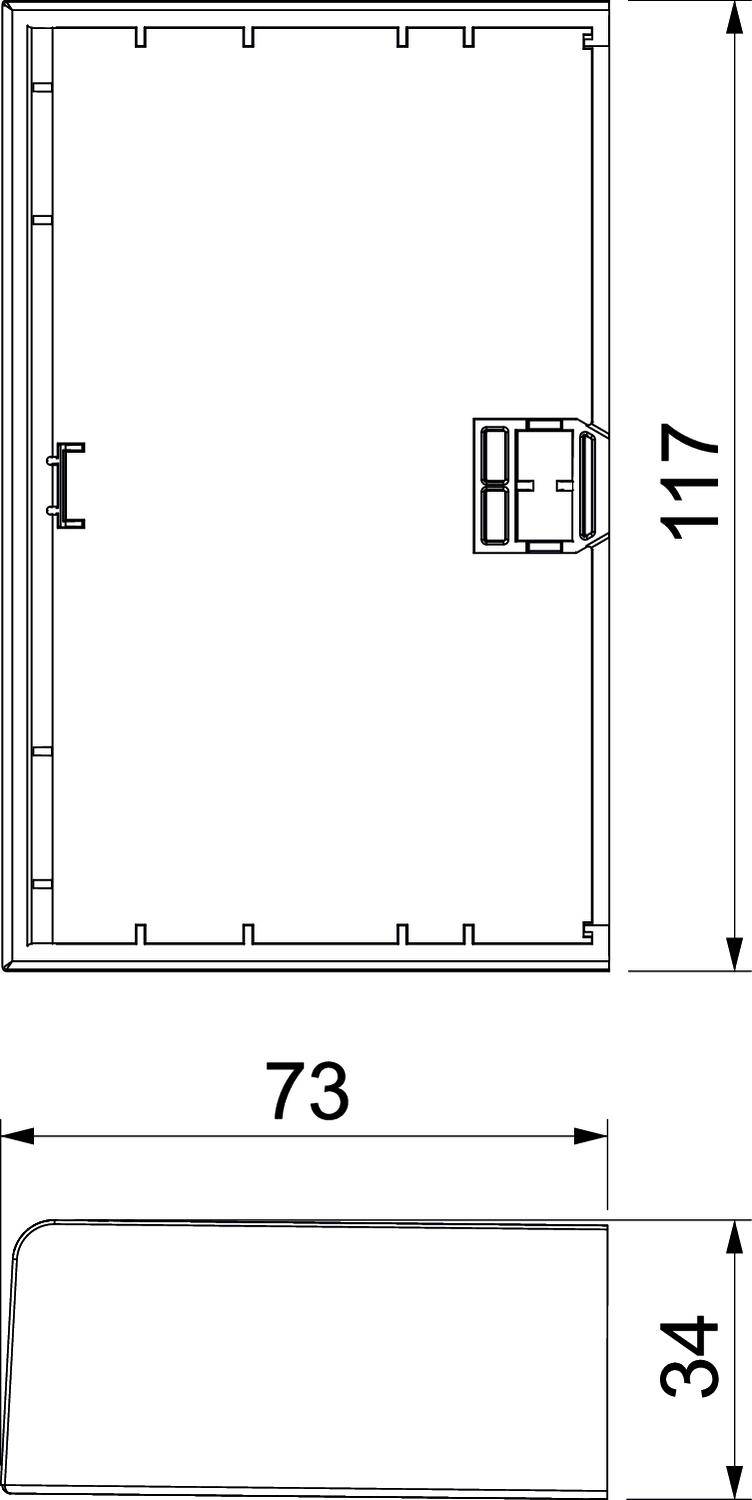 Disegno tecnico quadrato di un contenitore con dimensioni 73x117x34. La vista laterale in basso mostra un bordo arrotondato.