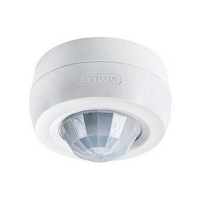 Sensore da soffitto con involucro bianco per rilevare movimenti e controllare l'illuminazione. Nella parte superiore è visibile il marchio 'ESYLUX'.