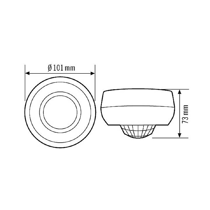 Disegno tecnico di un dispositivo dal profilo simile al fumo, con diametro di 101 mm e altezza di 73 mm. Sono mostrate le viste laterale e dall'alto.