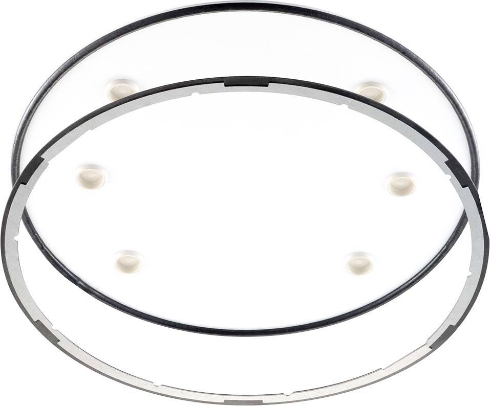 Lampada da soffitto rotonda, minimalista, con vetro trasparente e lampadine a vista. Design semplice e moderno.
