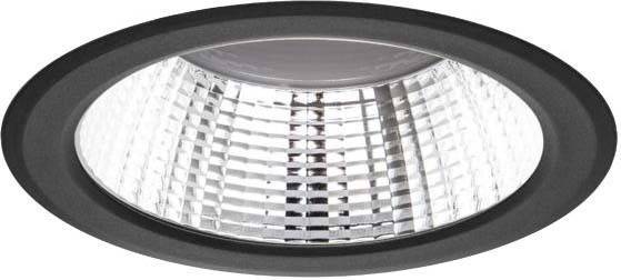 Un riflettore ovale argentato con una cornice nera, probabilmente parte di un impianto di illuminazione.
