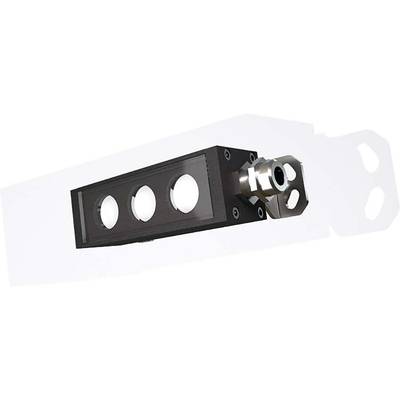 Un componente metallico con quattro aperture circolari e un elemento cilindrico sul lato, probabilmente parte di una macchina o di un utensile.