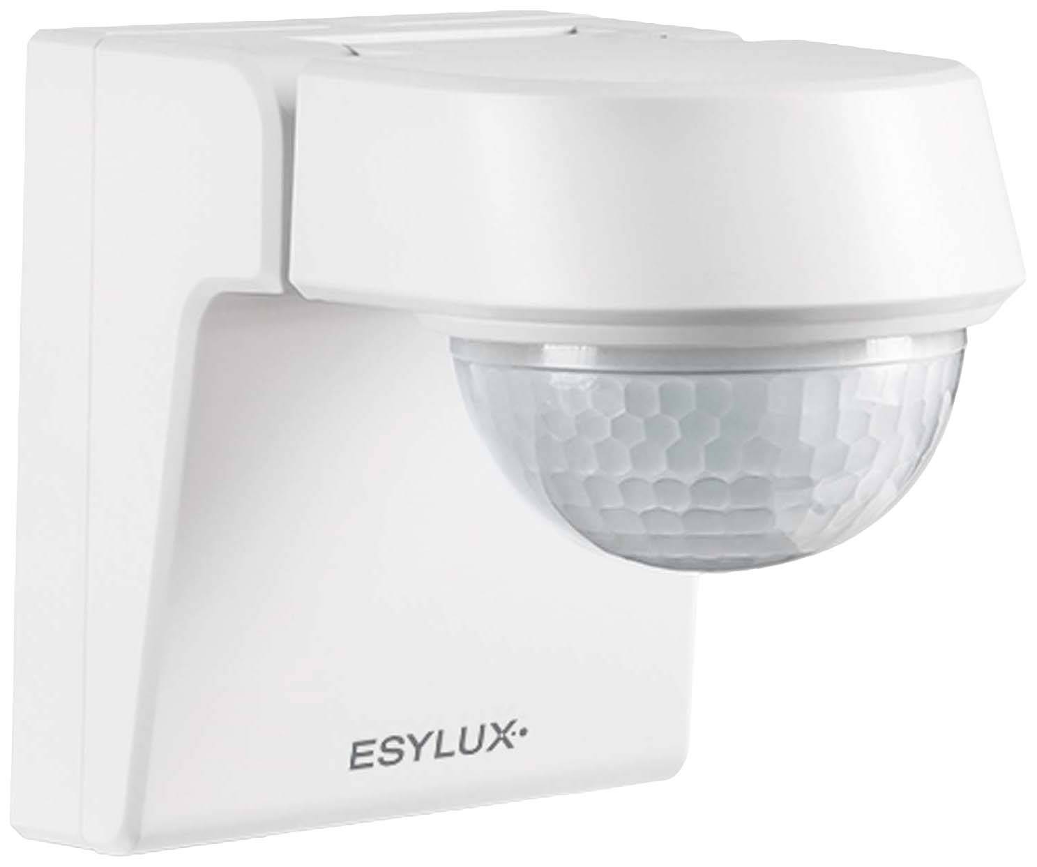 Un rilevatore di movimento bianco del marchio Eslux, montato su una parete, con lente semitonda e trasparente per rilevare i movimenti.