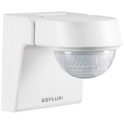 Un rilevatore di movimento bianco del marchio Eslux, montato su una parete, con lente semitonda e trasparente per rilevare i movimenti.