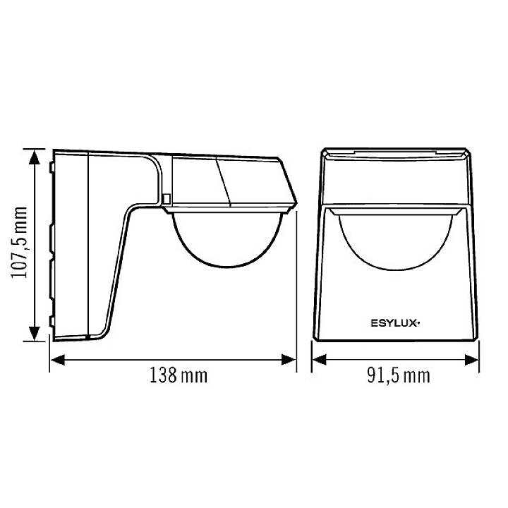 Dimensioni di un rilevatore di movimento ESYLUX in millimetri: altezza 107,5 mm, larghezza 138 mm, profondità 91,5 mm. Mostrate le viste laterale e frontale.