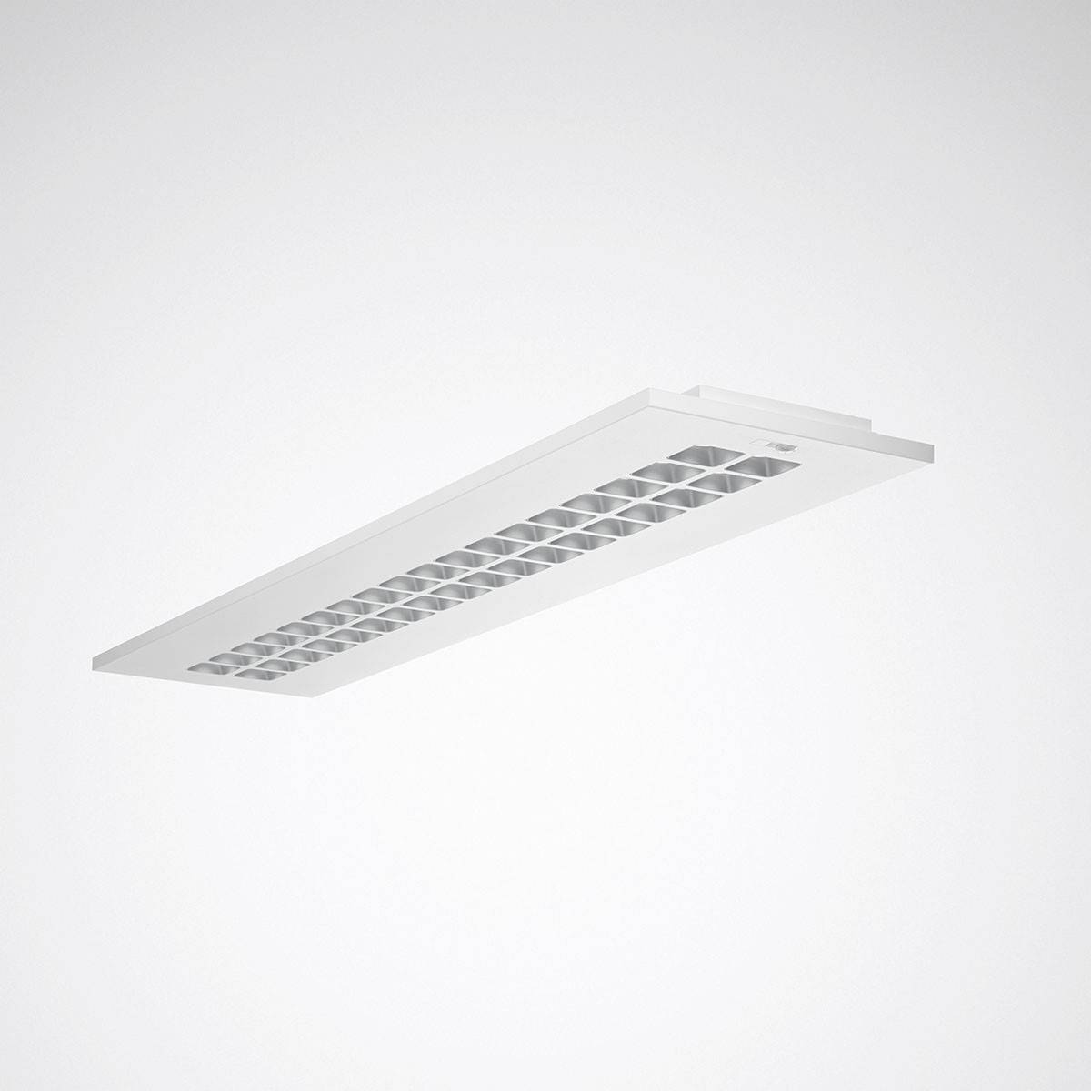 Lampada da soffitto bianca, rettangolare, con un motivo a griglia sulla parte inferiore, raffigurata su uno sfondo grigio.