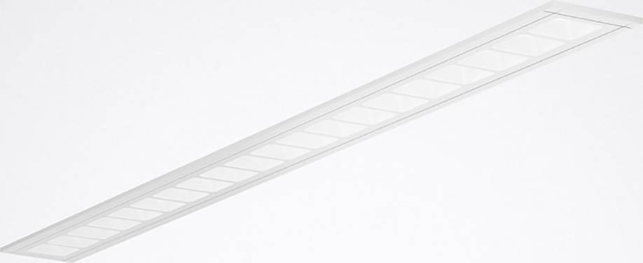 Un pannello luminoso LED a soffitto lungo e rettangolare, dal design essenziale e moderno, prevalentemente bianco.