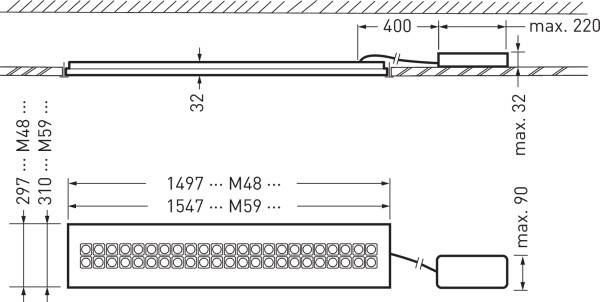 Disegno tecnico di un dispositivo di illuminazione con dimensioni: lunghezza 1497–1547 mm, altezza massima 32 mm. Mostra file di LED in sezione trasversale.